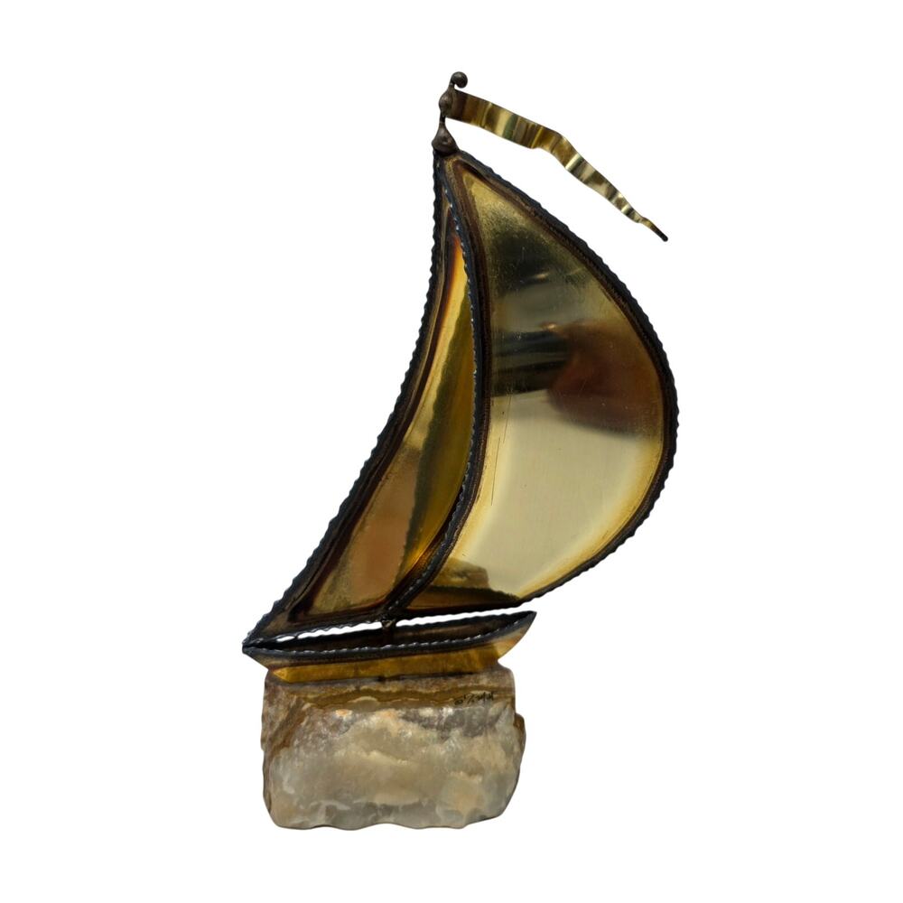 Vintage DeMott Sailboat Sculpture Brass Tone Metal Stone Base MCM Decor